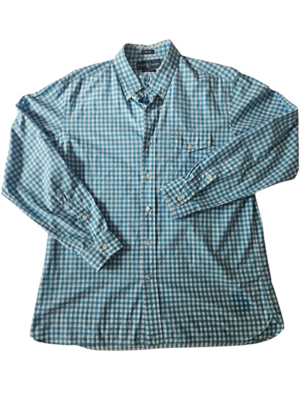 RALPH LAUREN 120's 2-Ply Custom Fit Aqua Blue Gingham Button Down Shirt | SZ L